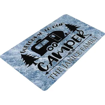 Příslušenství ke karavanu Rohožka modrá sametová s motivem karavanu - šedý lem 80x50cm