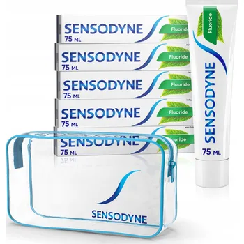 zubní pasta SENSODYNE FLUORIDOVÁ ZUBNÍ PASTA PRO CITLIVÉ ZUBY 75MLx5 + KOSMETICKÁ TAŠTIČKA DÁREK