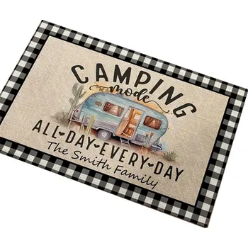 Příslušenství ke karavanu Rohožka sametová s motivem karavanu Camping mode - šedý lem 80x50cm