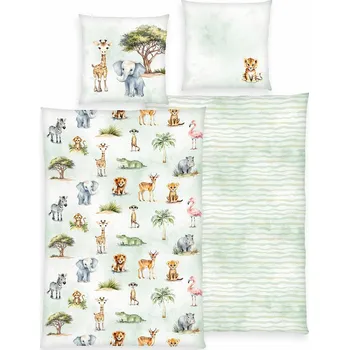 Povlečení Herding Dětské bavlněné povlečení Safari, 135 x 200 cm, 80 x 80 cm, zelená