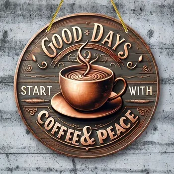 Plechová cedule BAF RETRO dřevěná cedule 2D - KÁVA A MÍR průměr 15 cm
