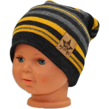Čepice Baby Nellys Podzimní/zimní proužkovaná čepice - grafit/šedá/žlutá