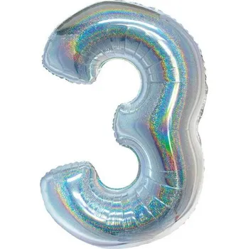 Balónek Foliový balónek číslice trojka stříbrný holografický, 76 cm