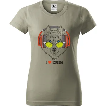 Dámské tričko Dámské tričko s potiskem I love music vlk Barva trička: Světlá khaki - 28, Velikost: M