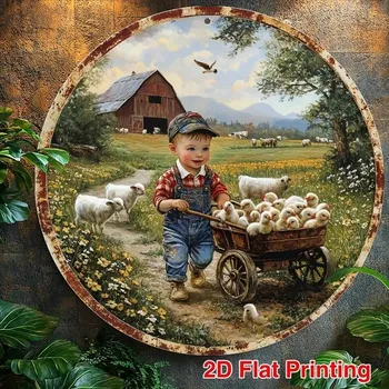 Plechová cedule BAF RETRO plechová cedule 2D - HOŠÍK S KUŘATY průměr 20 cm