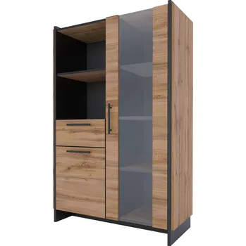 Komoda Nízká vitrína, dub wotan/černá, AMONI 1D1W1S