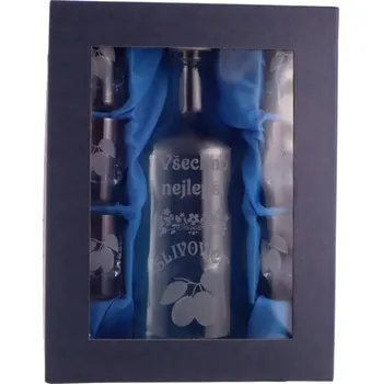 Sklenice Sada Gin 0.70 + 6 skleniček + pískování 2 švestky, slivovice, Všechno nejlepší