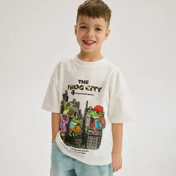 Chlapecké tričko Reserved - Bavlněné tričko s potiskem - krémová - 077FH-01X - 077FH-01X-128