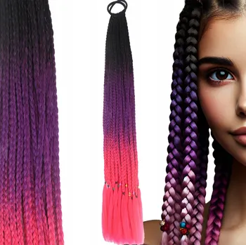 Příčesek SYNTETICKÉ VLASY Barevné copánky na gumičce Dredy Ombre Připínací Silné