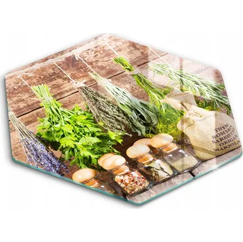 Obraz Praktické skleněné prkénko Šestiúhelník Bylinky, koření a dřevo Šířka 40 cm