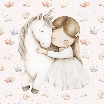 Teplákovina Holčička s jednorožcem, korunky, panel (E) (Panely a ladící metráž)