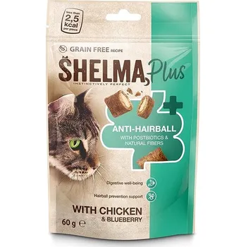 Pamlsek pro kočku Shelma Anti-hairball bezobilné polštářky, kuře, borůvky 2 × 60 g