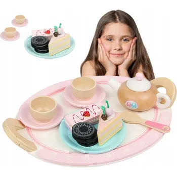 Obraz DŘEVĚNÁ SADA NA ČAJ KONVICE ŠÁLKY PODNOS KOLÁČKY