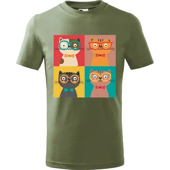 Dětská móda Dětské tričko s potiskem Čtyři kočky Velikost: 134/8 let, Barva trička: Khaki