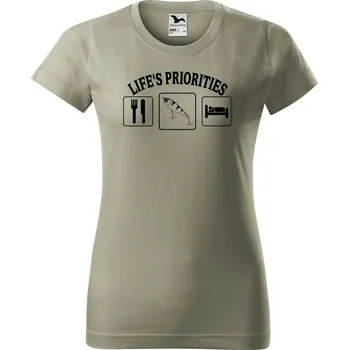 Dámské tričko Dámské tričko s potiskem Životní priority rybáře Barva trička: Světlá khaki - 28, Velikost: XS