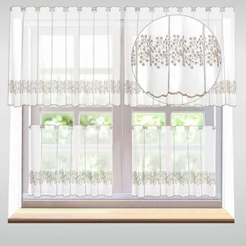 Záclona Vitrážová záclona, polyesterový batist 27231, vyšívané béžové květinky, s bordurou, bílá, výška 50cm (v metráži)