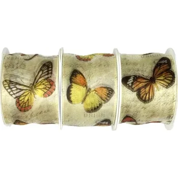 Stuha Set 3x Stuha taftová BUTTERFLY YELLOW žlutá 3x (40mm x 2m) (Stuha taftová, průsvitná, oboustranná, potisk pestrobarevný motýli, s vlascem v lemu, sada 3ks)