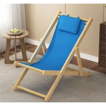 Zahradní lehátko VERK GROUP Skládací dřevěné lehátko s látkovým sedákem a odnímatelnou opěrkou hlavy - modré