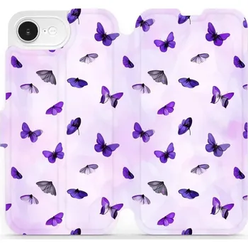 Pouzdro na mobilní telefon Flipové pouzdro Mobiwear - Apple iPhone 16e - VP76S Fialoví motýlci (Knížkové flip pouzdro, obal, kryt na mobil Apple iPhone 16e - VP76S Fialoví motýlci, materiál Umělá kůže + TPU - ochrana 360°, stojánek, silikonová vanička, magnetické zavírání)