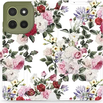 Pouzdro na mobilní telefon Flipové pouzdro Mobiwear - Motorola Moto G15 - MD01S Růže na bílé (Knížkové flip pouzdro, obal, kryt na mobil Motorola Moto G15 - MD01S Růže na bílé, materiál Umělá kůže + TPU - ochrana 360°, stojánek, silikonová vanička, magnetické zavírání)