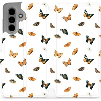 Pouzdro na mobilní telefon Flipové pouzdro Mobiwear - Samsung Galaxy A36 5G - VP77S Oranžoví motýlci (Knížkové flip pouzdro, obal, kryt na mobil Samsung Galaxy A36 5G - VP77S Oranžoví motýlci, materiál Umělá kůže + TPU - ochrana 360°, stojánek, silikonová vanička, magnetické zavírá