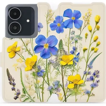 Pouzdro na mobilní telefon Flipové pouzdro Mobiwear - Realme Note 60 - VP41S Modré a žluté kvítky (Knížkové flip pouzdro, obal, kryt na mobil Realme Note 60 - VP41S Modré a žluté kvítky, materiál Umělá kůže + TPU - ochrana 360°, stojánek, silikonová vanička, magnetické zavírání)