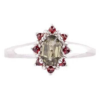 Prsten granát - stříbrný prsten - květina (3001V) Velikost: 61, povrchová úprava: zlacené