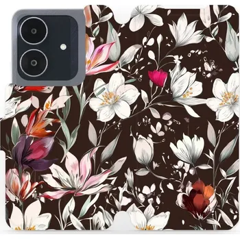 Pouzdro na mobilní telefon Flipové pouzdro Mobiwear - Realme Note 60 - VP72S Květy na hnědé (Knížkové flip pouzdro, obal, kryt na mobil Realme Note 60 - VP72S Květy na hnědé, materiál Umělá kůže + TPU - ochrana 360°, stojánek, silikonová vanička, magnetické zavírání)