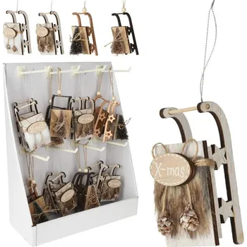 Vánoční dekorace Závěs SÁŇKY 11,5x5,5x6,5cm, 4druhy, dřevo