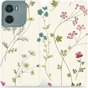 Pouzdro na mobilní telefon Flipové pouzdro Mobiwear - Motorola Moto E15 - MD03S Tenké rostlinky s květy (Knížkové flip pouzdro, obal, kryt na mobil Motorola Moto E15 - MD03S Tenké rostlinky s květy, materiál Umělá kůže + TPU - ochrana 360°, stojánek, silikonová vanička, magnetické)