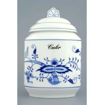 Dóza na potraviny Cibulák dóza na poživatiny s víčkem a nápisem 1,1 l originální cibulákový porcelán Dubí, cibulový vzor,