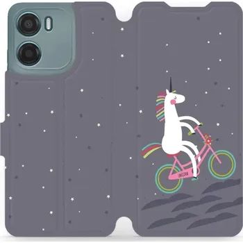Pouzdro na mobilní telefon Flipové pouzdro Mobiwear - Motorola Moto E15 - V024P Jednorožec na kole (Knížkové flip pouzdro, obal, kryt na mobil Motorola Moto E15 - V024P Jednorožec na kole, materiál Umělá kůže + TPU - ochrana 360°, stojánek, silikonová vanička, magnetické zavírání)