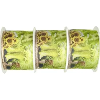 Stuha Set 3x Stuha taftová GARDENING fotopotisk slunečnice 3x (40mm x 2m) (Stuha taftová, pestrý potisk s motivem zahrádka a slunečnice, s vlascem v lemu, set 3ks)