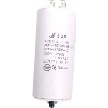 Kondenzátor Rozběhový kondenzátor 50uF 450V CBB60, připojovací konektory faston 6.3mm