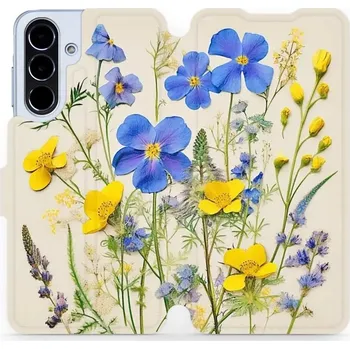 Pouzdro na mobilní telefon Flipové pouzdro Mobiwear - Samsung Galaxy A56 5G - VP41S Modré a žluté kvítky (Knížkové flip pouzdro, obal, kryt na mobil Samsung Galaxy A56 5G - VP41S Modré a žluté kvítky, materiál Umělá kůže + TPU - ochrana 360°, stojánek, silikonová vanička, magnetick