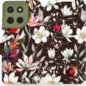 Pouzdro na mobilní telefon Flipové pouzdro Mobiwear - Motorola Moto G15 - VP72S Květy na hnědé (Knížkové flip pouzdro, obal, kryt na mobil Motorola Moto G15 - VP72S Květy na hnědé, materiál Umělá kůže + TPU - ochrana 360°, stojánek, silikonová vanička, magnetické zavírání)