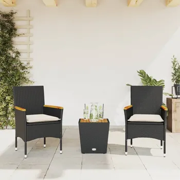 3dílný bistro set s poduškami černý polyratan a sklo Černý3278745