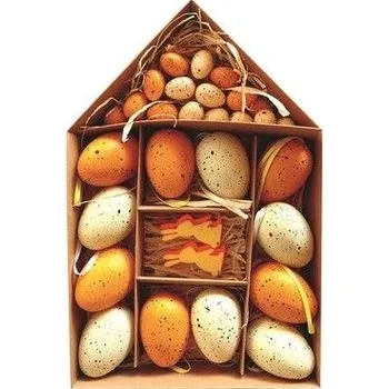 Velikonoční dekorace Dekorace VAJÍČKA ORANŽ, 28ks MIX velik.,plast, domek krabička