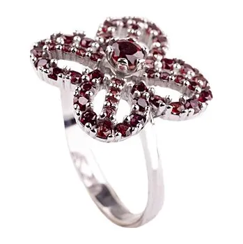 Prsten granát - stříbrný prsten - květina (3148) Velikost: 54, povrchová úprava: rhodiované