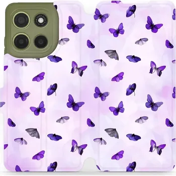 Pouzdro na mobilní telefon Flipové pouzdro Mobiwear - Motorola Moto G15 - VP76S Fialoví motýlci (Knížkové flip pouzdro, obal, kryt na mobil Motorola Moto G15 - VP76S Fialoví motýlci, materiál Umělá kůže + TPU - ochrana 360°, stojánek, silikonová vanička, magnetické zavírání)