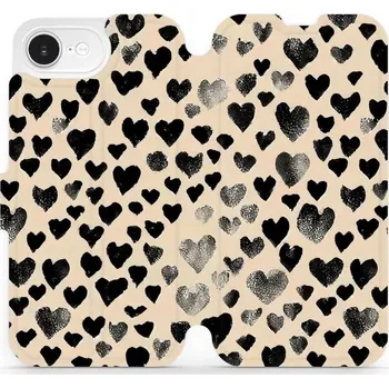 Pouzdro na mobilní telefon Flipové pouzdro Mobiwear - Apple iPhone 16e - VA51S Černá srdíčka (Knížkové flip pouzdro, obal, kryt na mobil Apple iPhone 16e - VA51S Černá srdíčka, materiál Umělá kůže + TPU - ochrana 360°, stojánek, silikonová vanička, magnetické zavírání)