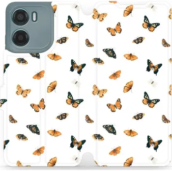 Pouzdro na mobilní telefon Flipové pouzdro Mobiwear - Motorola Moto E15 - VP77S Oranžoví motýlci (Knížkové flip pouzdro, obal, kryt na mobil Motorola Moto E15 - VP77S Oranžoví motýlci, materiál Umělá kůže + TPU - ochrana 360°, stojánek, silikonová vanička, magnetické zavírání)