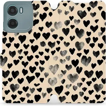 Pouzdro na mobilní telefon Flipové pouzdro Mobiwear - Motorola Moto E15 - VA51S Černá srdíčka (Knížkové flip pouzdro, obal, kryt na mobil Motorola Moto E15 - VA51S Černá srdíčka, materiál Umělá kůže + TPU - ochrana 360°, stojánek, silikonová vanička, magnetické zavírání)