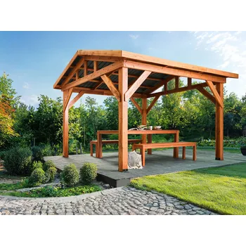 Pergola Pergola světlé jedlové dřevo kovová střecha dřevěná konstrukce 269 x 350 cm moderní průmyslový zahradní přístřešek Beliani
