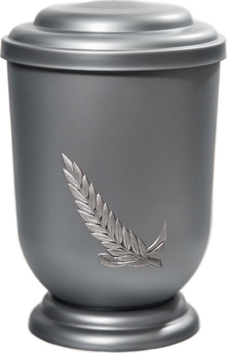 Pohřební Plastová urna na popel, oválné oblé víčko, stříbrná, bez štítku, stříbrná snítka