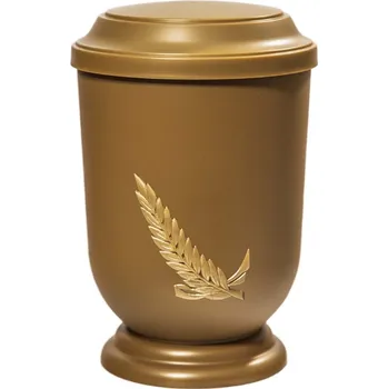 Smuteční dekorace Pohřební Plastová urna na popel, oválné prohlé víčko, zlatá, bez štítku, zlatá snítka
