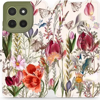 Pouzdro na mobilní telefon Flipové pouzdro Mobiwear - Motorola Moto G15 - MP01S Rozkvetlá louka (Knížkové flip pouzdro, obal, kryt na mobil Motorola Moto G15 - MP01S Rozkvetlá louka, materiál Umělá kůže + TPU - ochrana 360°, stojánek, silikonová vanička, magnetické zavírání)