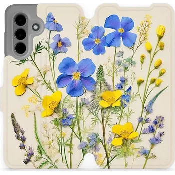 Pouzdro na mobilní telefon Flipové pouzdro Mobiwear - Samsung Galaxy A26 5G - VP41S Modré a žluté kvítky (Knížkové flip pouzdro, obal, kryt na mobil Samsung Galaxy A26 5G - VP41S Modré a žluté kvítky, materiál Umělá kůže + TPU - ochrana 360°, stojánek, silikonová vanička, magnetick