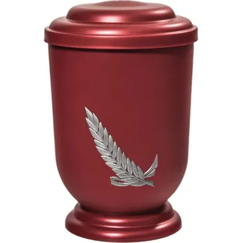 Smuteční dekorace Pohřební Plastová urna na popel, oválné oblé víčko, červená, bez štítku, stříbrná snítka