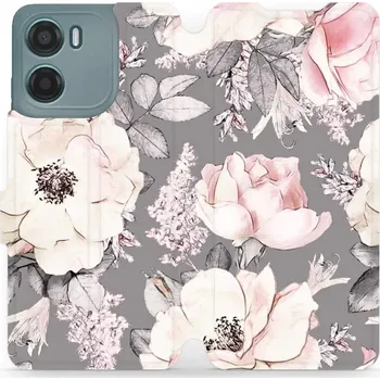 Pouzdro na mobilní telefon Flipové pouzdro Mobiwear - Motorola Moto G05 - MX06S Květy na šedém pozadí (Knížkové flip pouzdro, obal, kryt na mobil Motorola Moto G05 - MX06S Květy na šedém pozadí, materiál Umělá kůže + TPU - ochrana 360°, stojánek, silikonová vanička, magnetické)